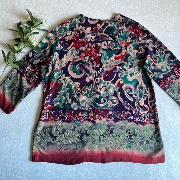 Women’s Sz 16 Vintage Paisley Print Blouse Button Up V-Neck - Picture 12 of 14